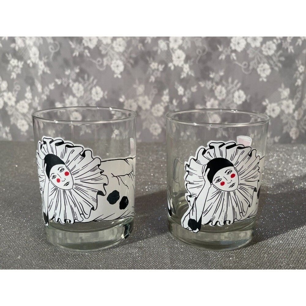 Vintage 80s Whiskey Glasses Set of Two 1980s Clown Pierrot Art Deco Tastsetter